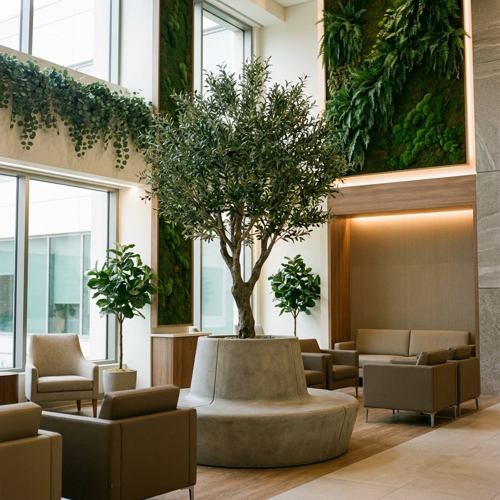 Hastane bekleme salonunda yapay bitkiler