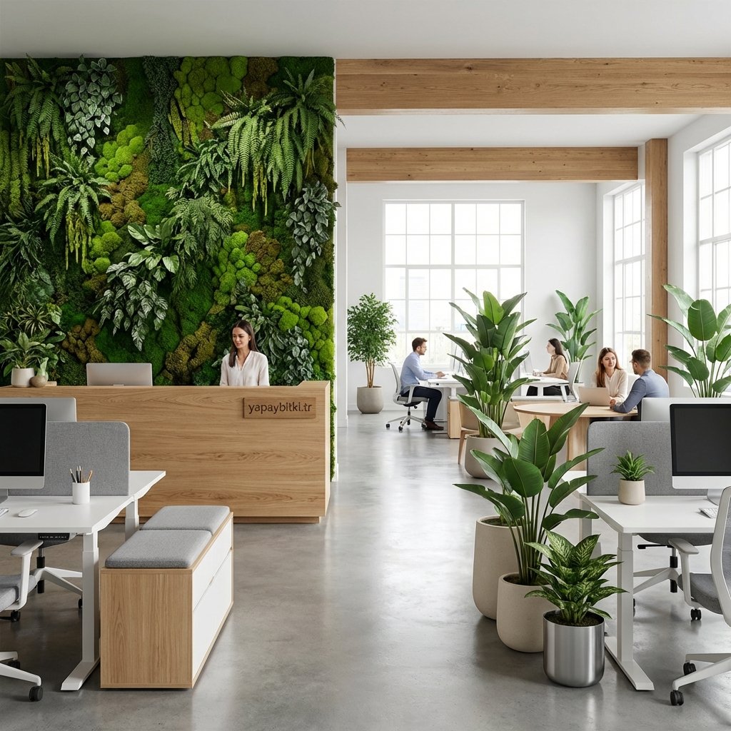 Modern ofiste yapay dikey bahçe duvar uygulaması