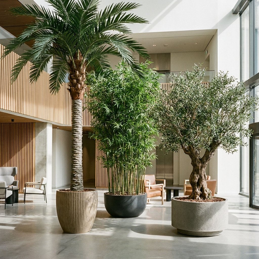 Büyük yapay palmiye ve bambu ağaçları